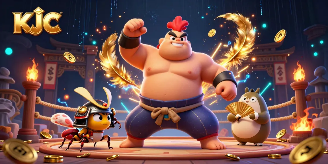 KJC showcases a vibrant online casino scene with a powerful sumo rooster and fierce cricket in action.