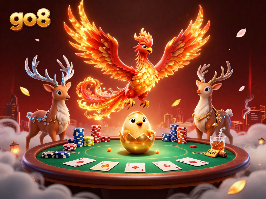 Win big with go8 in this vibrant casino scene featuring poker elements and a magical atmosphere.