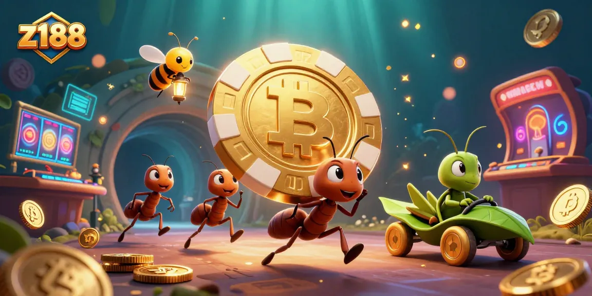 Join the z188 team of ants on a thrilling casino heist featuring a golden poker chip and vibrant game elements.