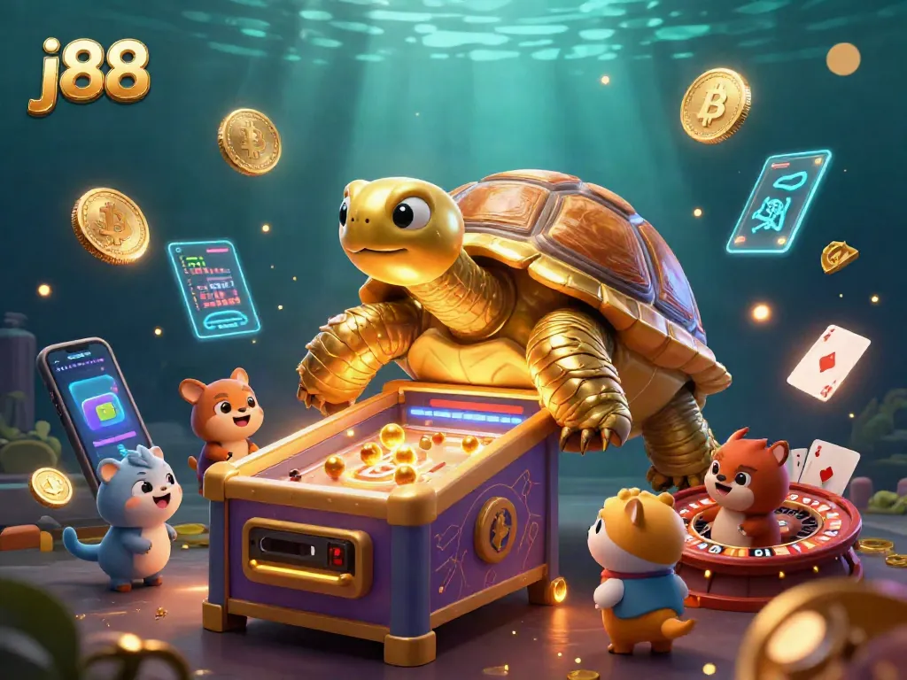 Join the fun at j88 casino with exciting games and glowing cryptocurrency elements illuminating the scene.