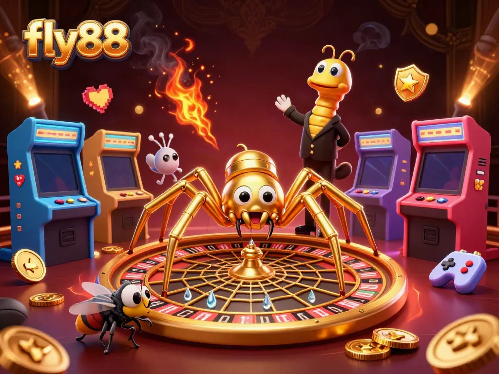 Engaging fly88 scene with a golden spider and centipede dealer in a vibrant casino setting.