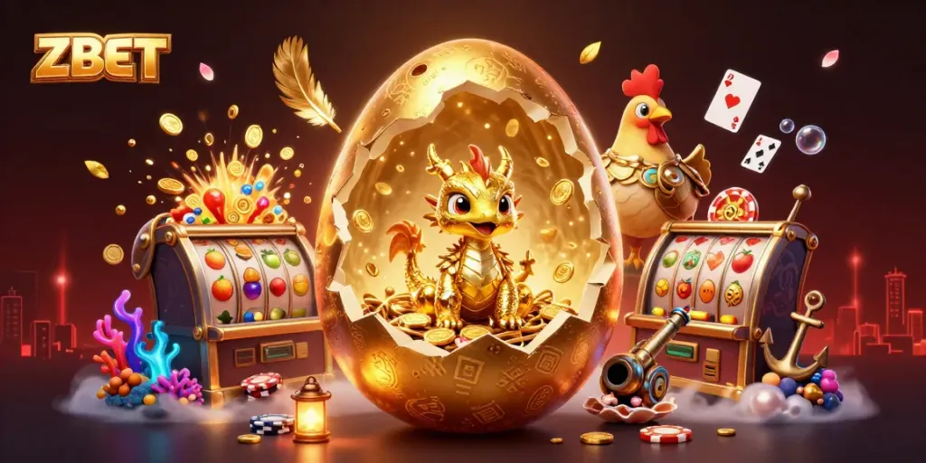 ZBET offers an exciting casino experience with vibrant slot machines and a golden baby dragon.