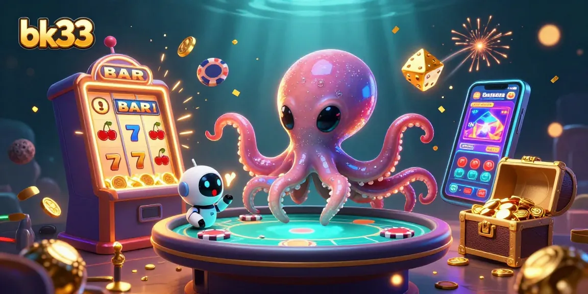 Engage in exciting gaming at bk33 with a vibrant 3D scene featuring an alien octopus at a holographic table.