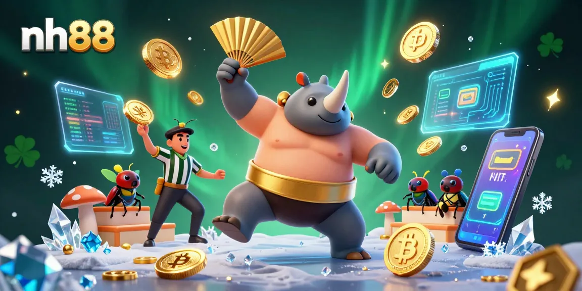 Join nh88's thrilling crypto casino adventure with a powerful insect champion celebrating wins among dazzling coins.