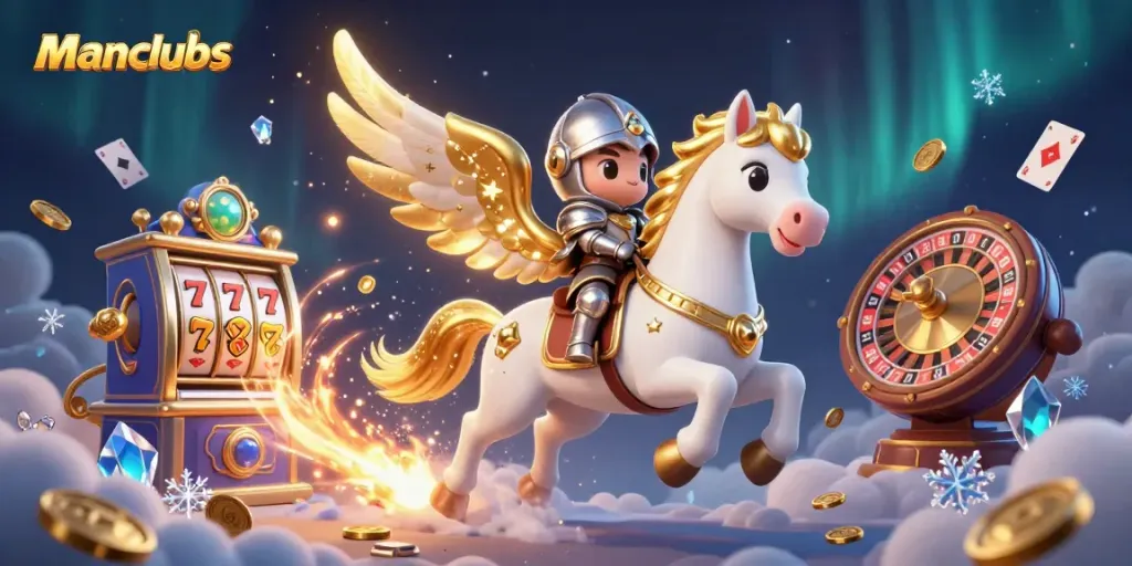 Experience the excitement of manclubs with a celestial horse, knight, and casino game elements.