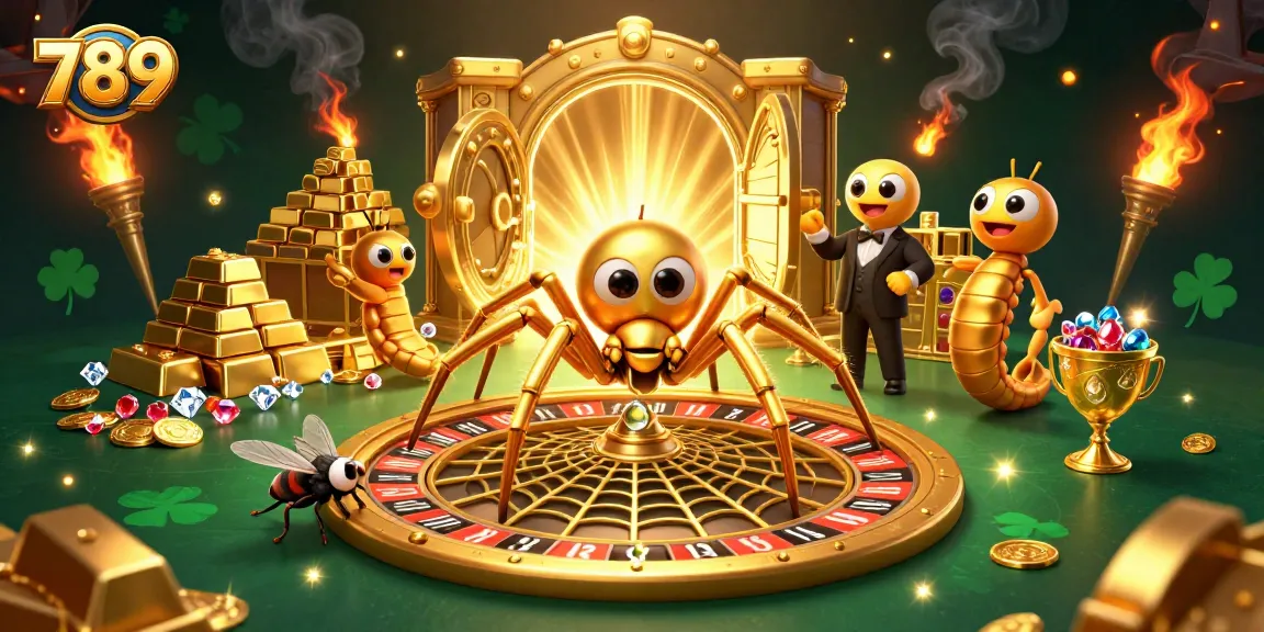 Spinning bets at 789 casino with a golden web roulette and rich treasures around
