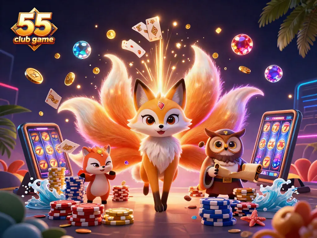 Engage with the vibrant 55 club game featuring a nine-tailed fox and an owl sage amidst a rich casino environment.