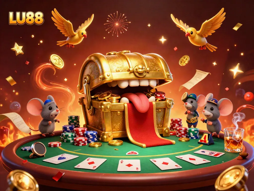 LU88 casino adventure with a treasure chest, poker elements, and festive fireworks