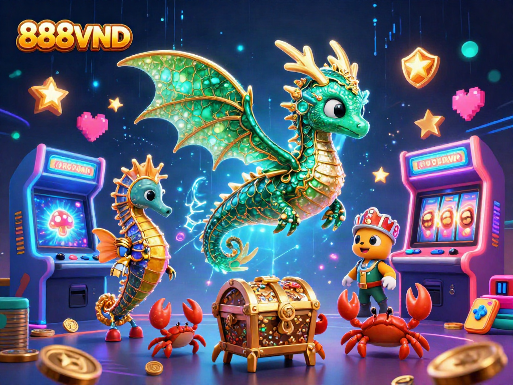 Engage with 888VND's immersive casino experience, featuring vibrant characters and dynamic game elements.