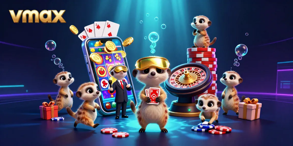 Experience the thrill of vmax with meerkats running a lively casino scene filled with vibrant slot games and gold coins.