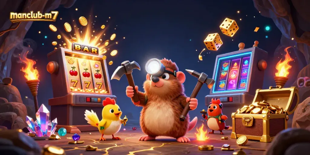 Spin and win with manclub-m7's dynamic casino scene featuring treasures and exciting game elements