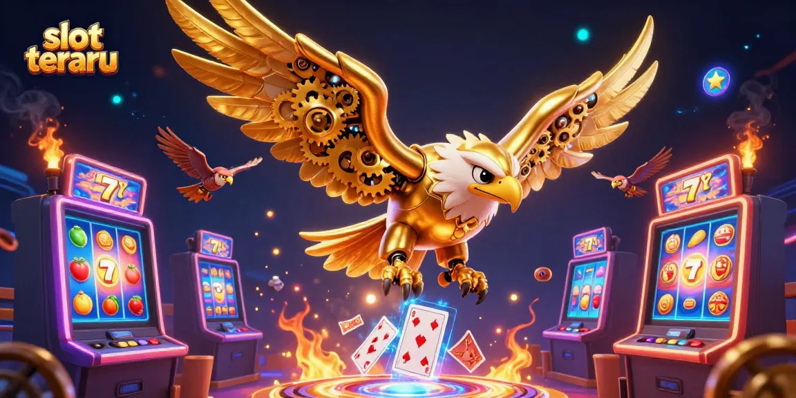 Experience slot terbaru with a golden eagle diving through vibrant slot machines and colorful game elements.