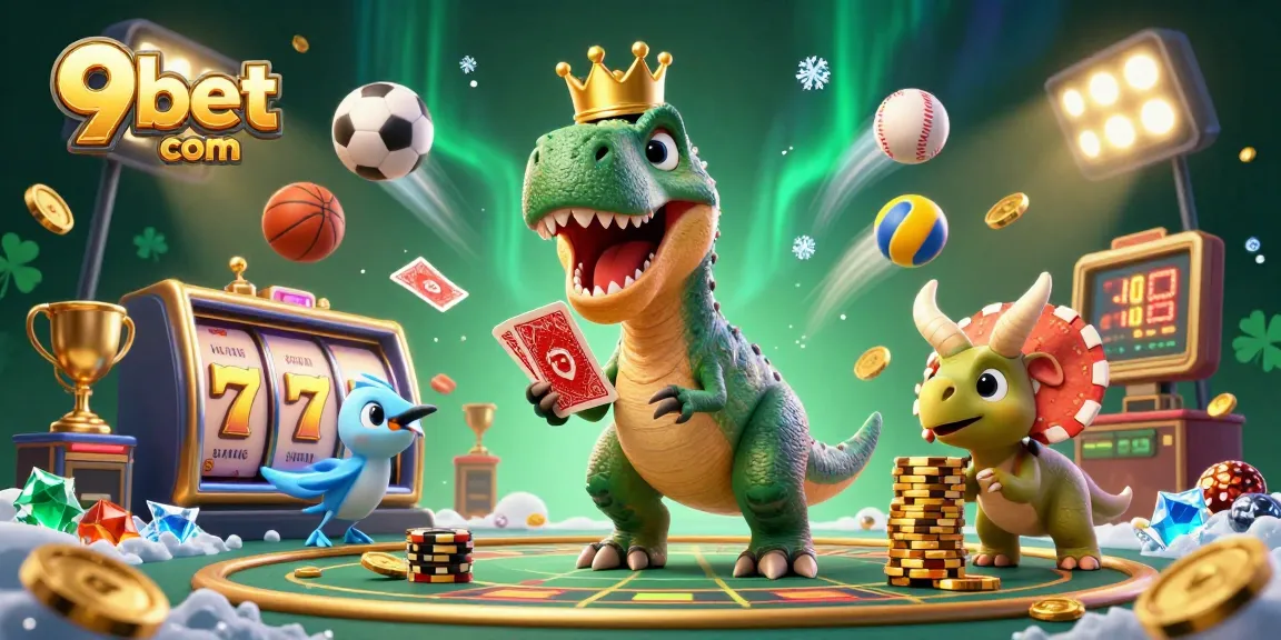Engage in thrilling gameplay with 9bet com as a cartoon T-Rex shuffles cards in a vibrant casino.