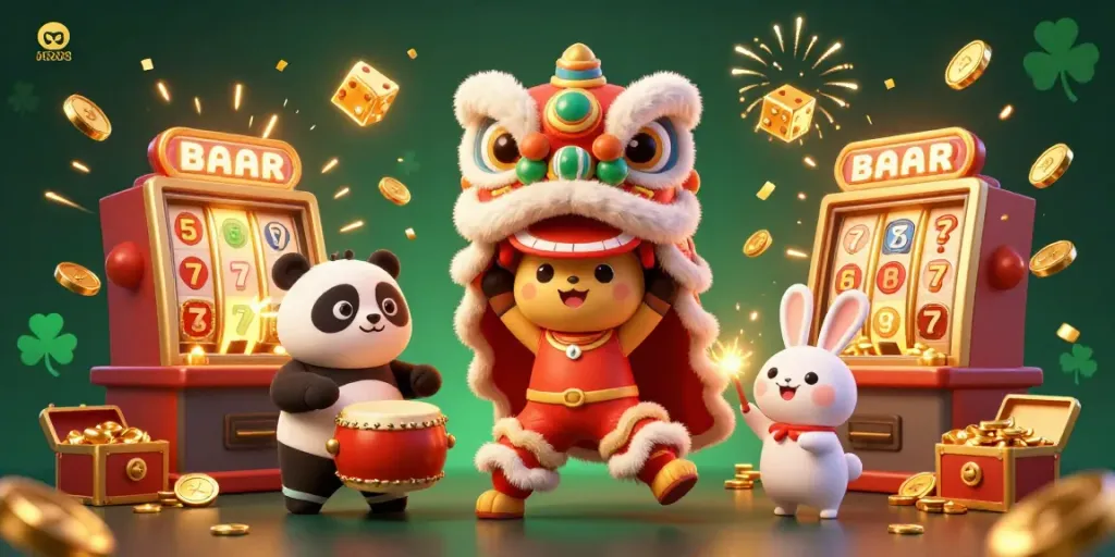Experience the excitement of gambling with xx88, featuring a lively scene of a lion dance and jackpot slot machines.