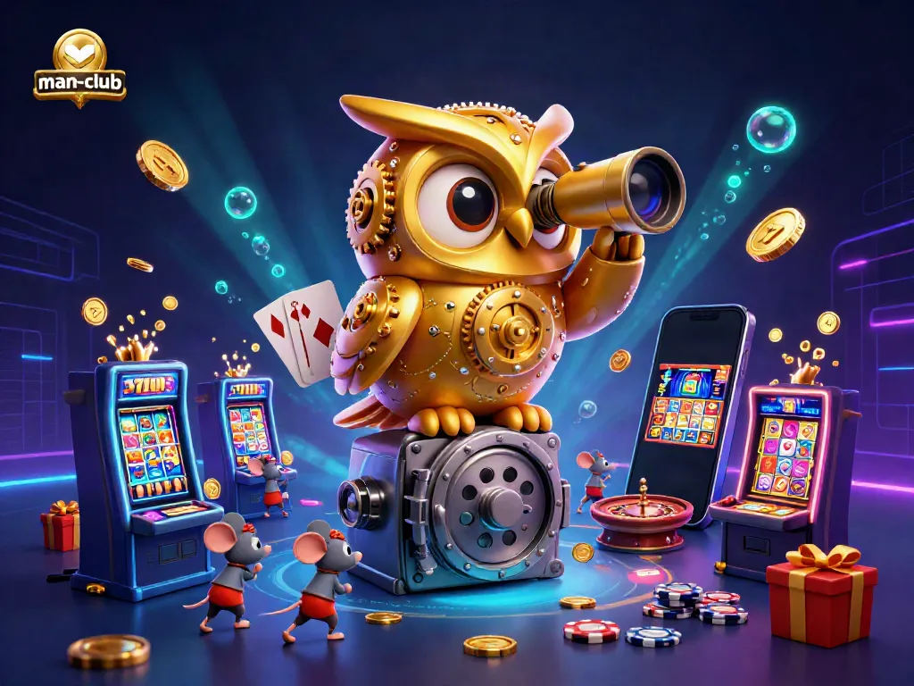 Engaging casino scene with the man-club mascot, a golden owl, surrounded by vibrant slot machines and gaming elements.