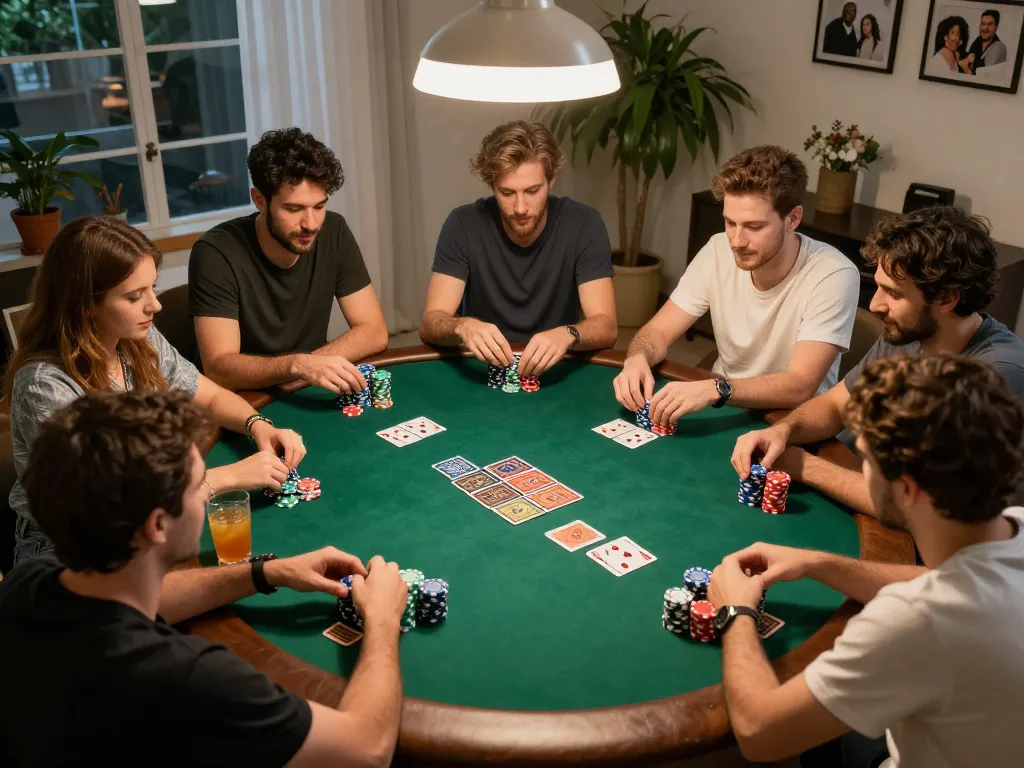 Engaging poker game night with friends at home showcasing strategic play and social bonding on vua99 platform.
