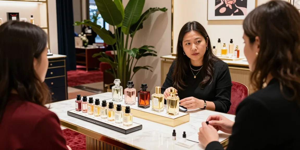 Fragrance Blog showcasing luxurious niche perfumes in a boutique setting.
