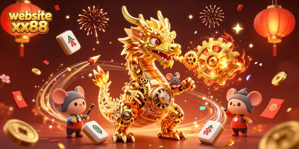 Engage with your winnings on website xx88, featuring a golden dragon and festive casino elements.