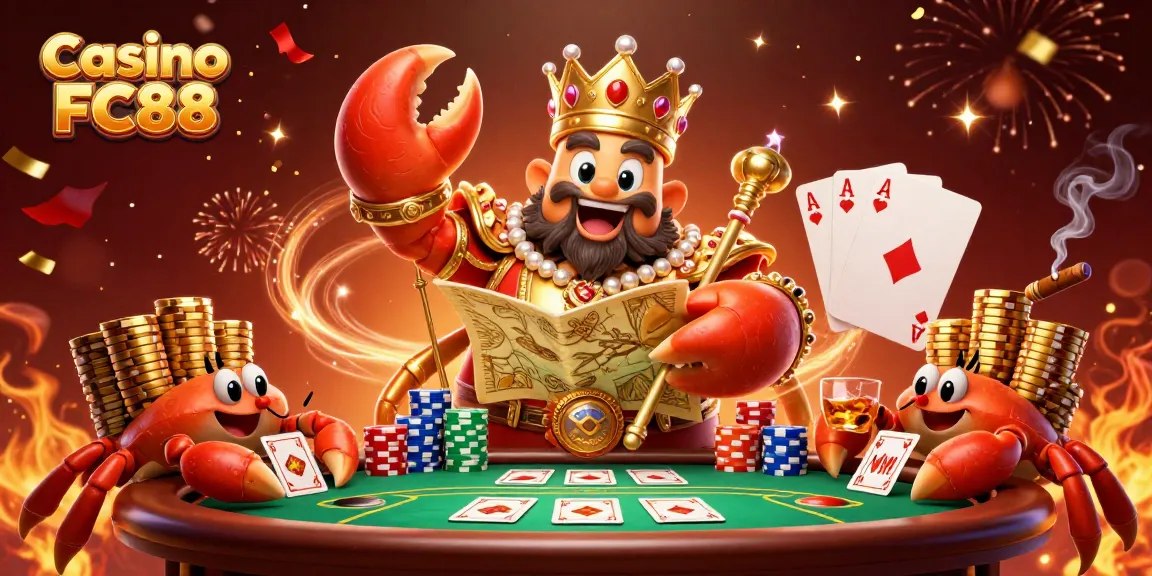 Engage in thrilling play at Casino FC88 with a vibrant scene featuring poker elements, gold, and excitement.