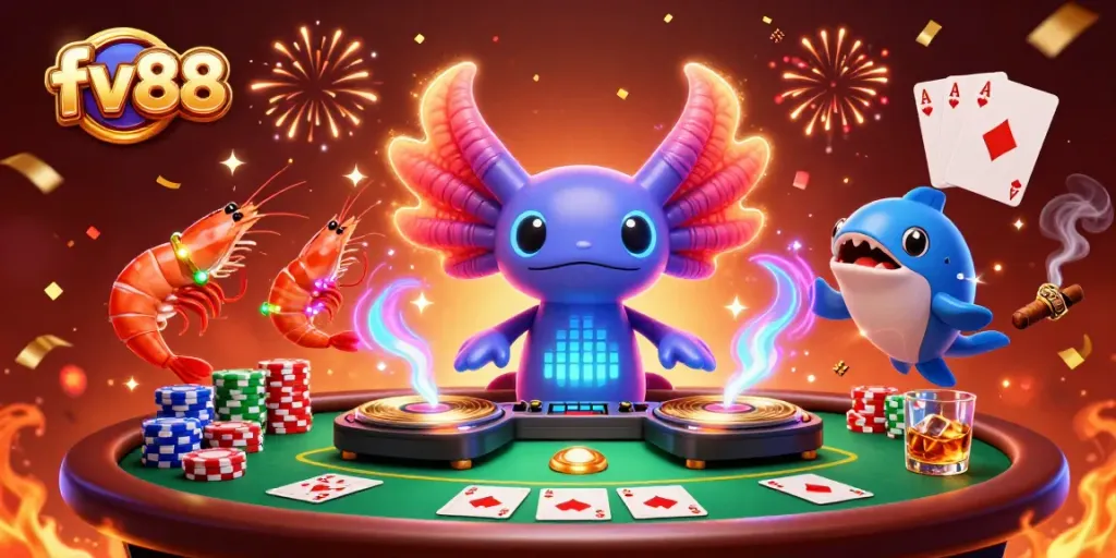 Experience high-energy gaming with fv88's vibrant casino scene featuring lively characters.