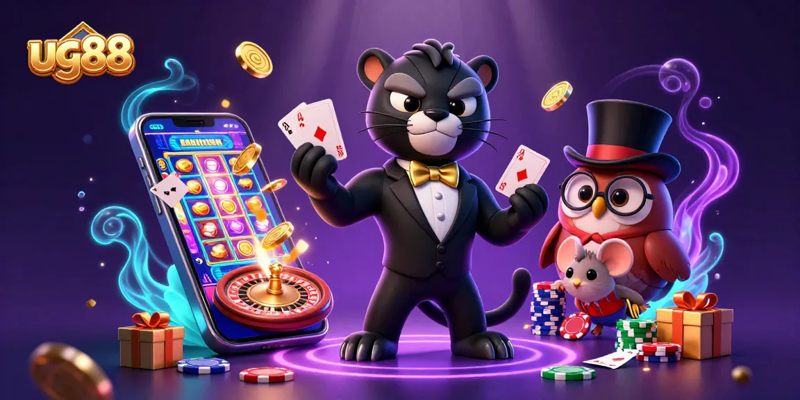 Experience thrilling moments at ug88 with a stylish blackjack dealer and playful casino characters.