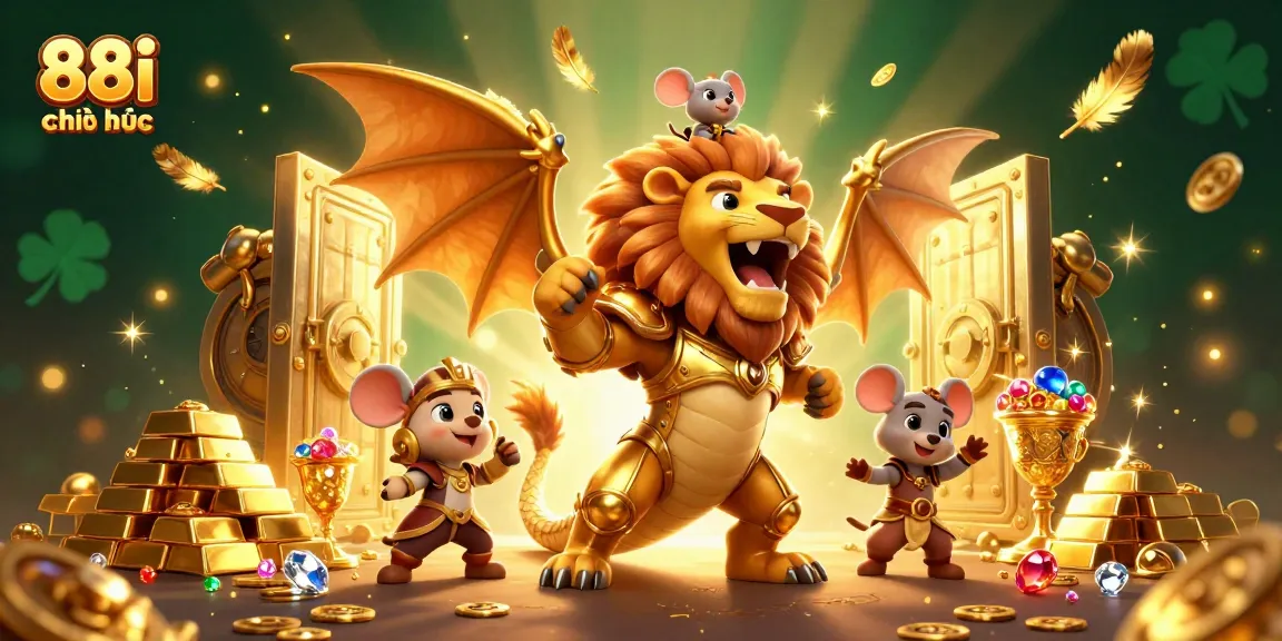 Engage with 88i chính thức, showcasing a majestic chimera and treasure in a vibrant casino world.