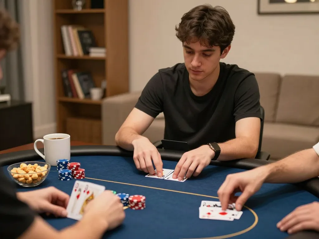 Player strategizing for poker on jun88 using a tablet in a cozy home environment