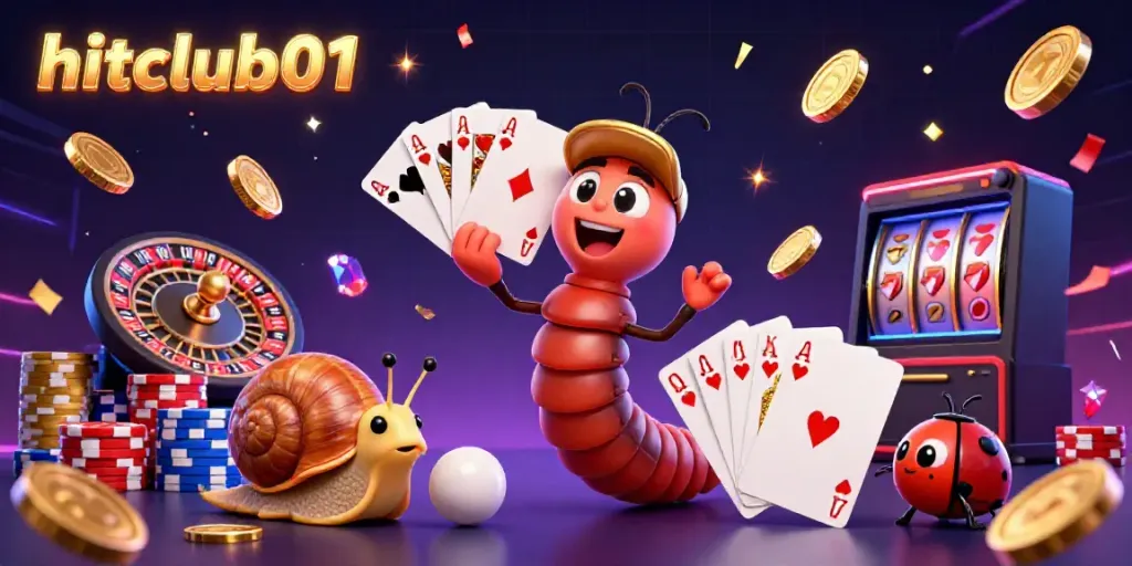 Join the action at hitclub01 with a lively casino scene featuring a cartoon millipede dealer and vibrant game elements.