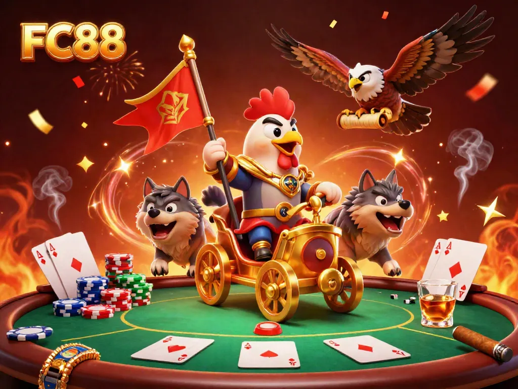 FC88 players enjoy poker games featuring epic characters and festive atmosphere in this vibrant illustration.