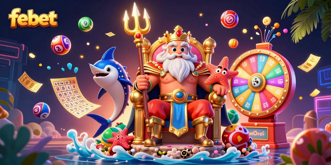 Engage with febet's vibrant lottery scene showcasing Neptune and game elements in a richly detailed illustration.