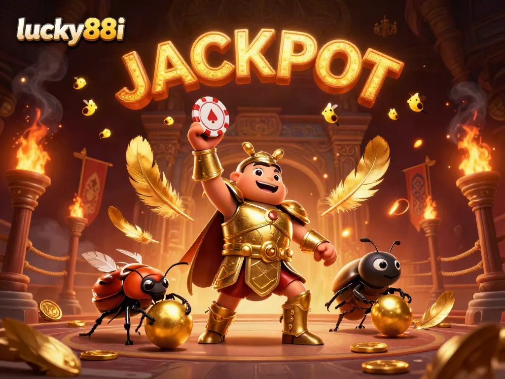 Engage in thrilling gameplay at lucky88i, featuring an epic 3D scene with characters celebrating jackpots.