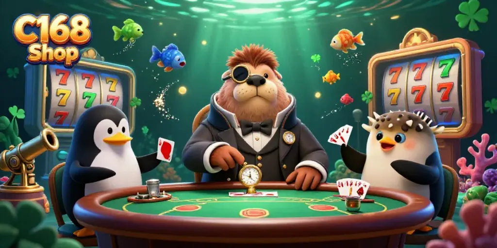 Experience thrilling gameplay at C168 Shop with a jolly walrus and friends enjoying a poker game underwater.