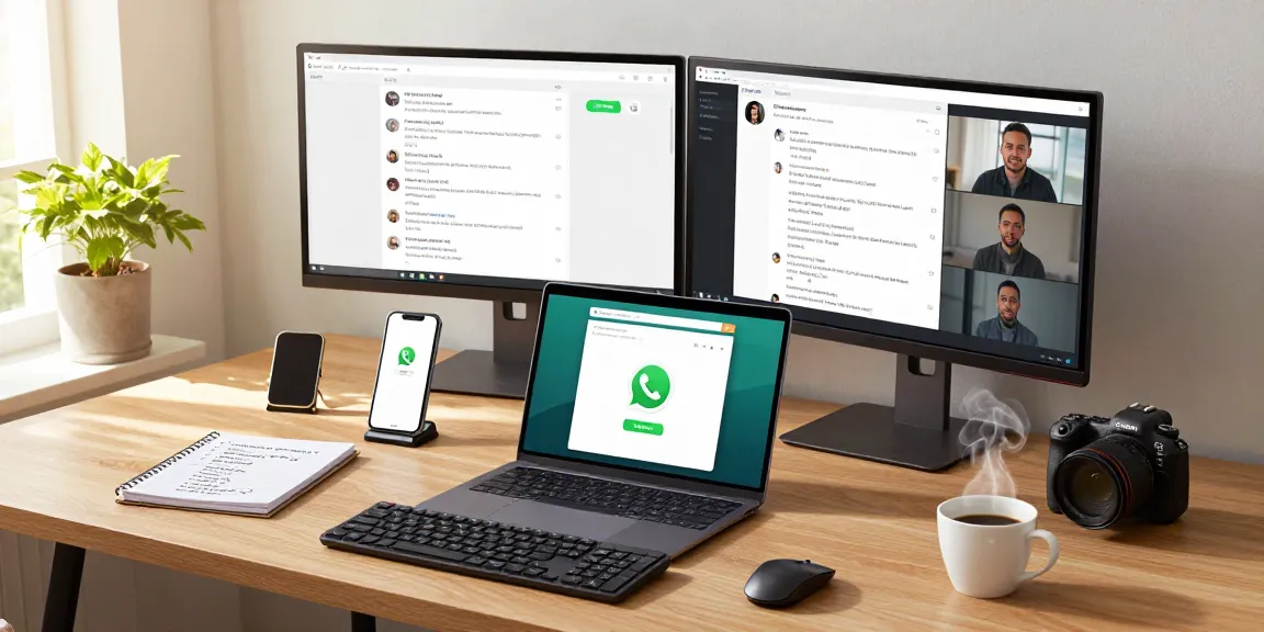 Engaging with WhatsApp電腦版 on modern home office setup with dual monitors.