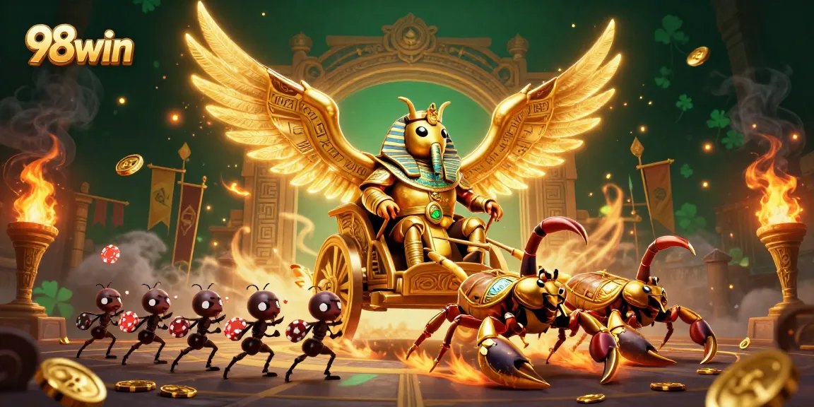Experience thrilling action with the 98win colossal beetle riding a chariot in an exciting casino setting.