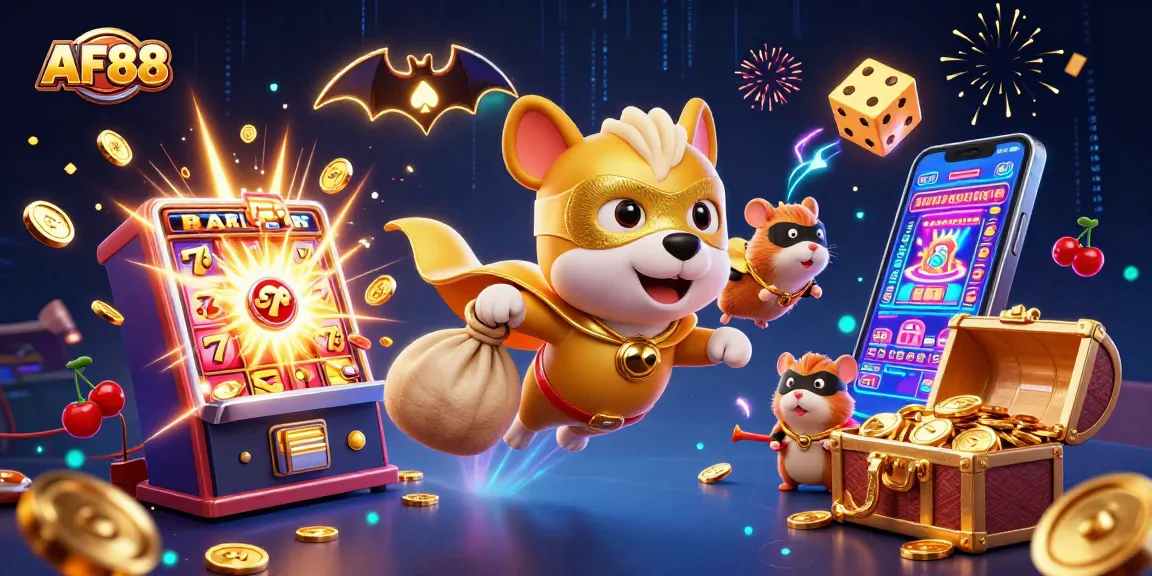 Fly with AF88: A heroic dog carries gold coins amidst vibrant casino elements.