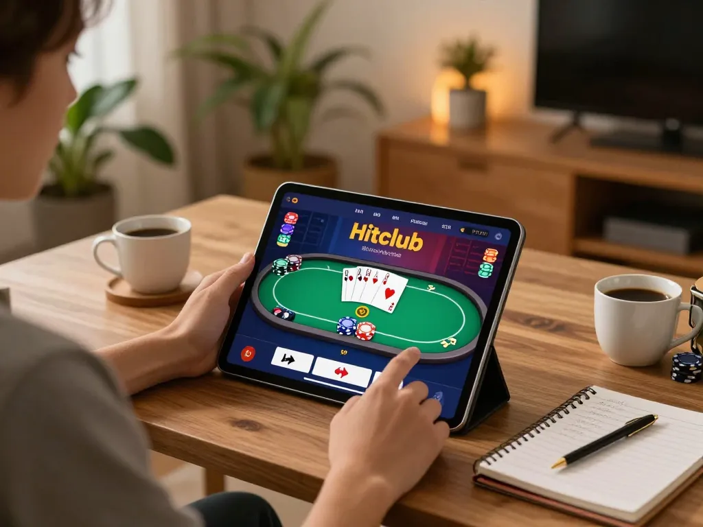 Engaging with Hitclub app for online poker, displaying strategy notes and warm home setting.