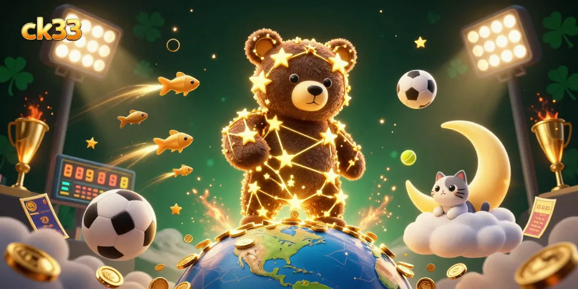 Engage with ck33's exciting gaming experience featuring a constellation bear and vibrant sports elements.