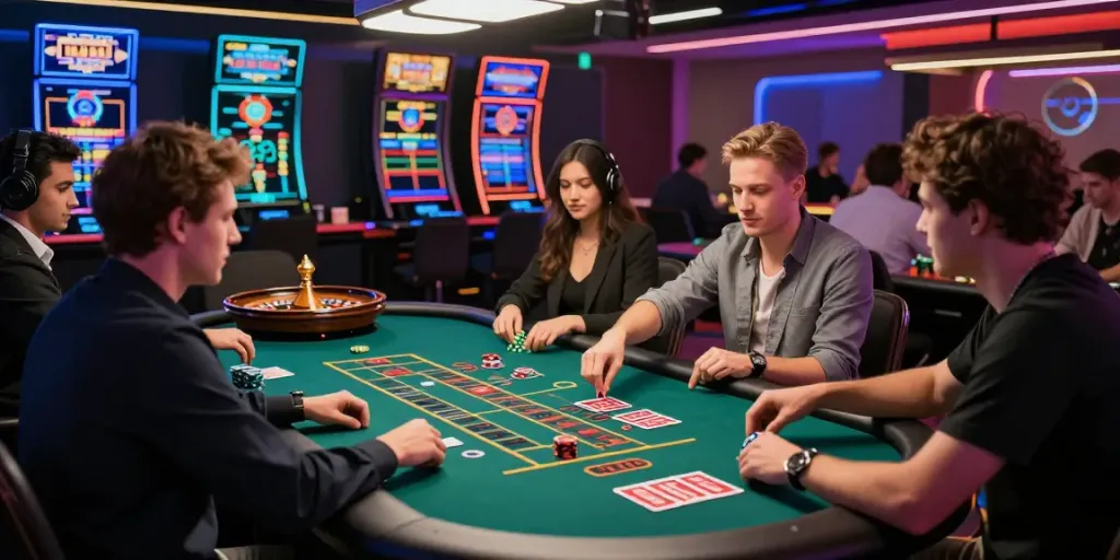 Nhà cái GO88 gaming scene with players engaging in vibrant, high-tech casino environment.