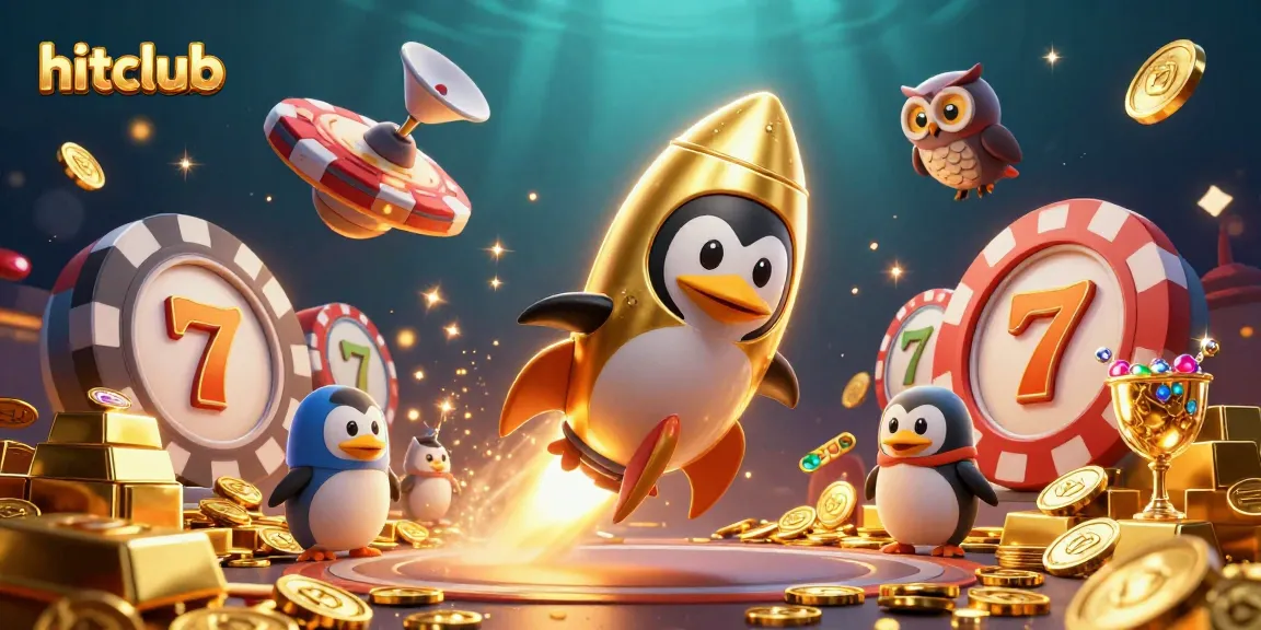 Experience the thrill of hitclub with a golden penguin launching into a vibrant casino space.