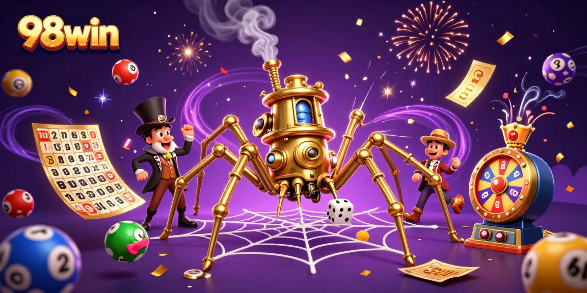 Experience 98win with a vibrant scene of a steampunk spider in a whimsical casino world.