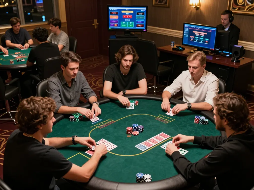 Engaged players enjoying the excitement of 888b trang chủ online poker, showcasing community interaction and strategic gameplay.