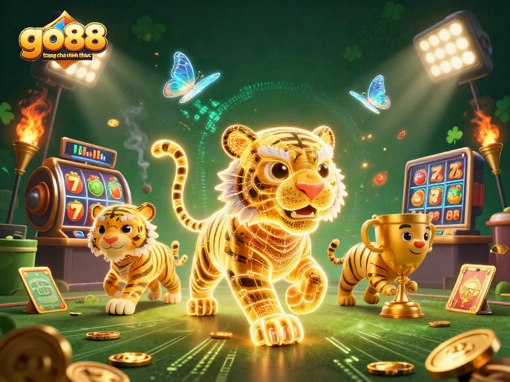 Engaging with the vibrant go88 trang chu chinh thuc casino atmosphere, featuring a neon golden tiger amidst animated slot reels.