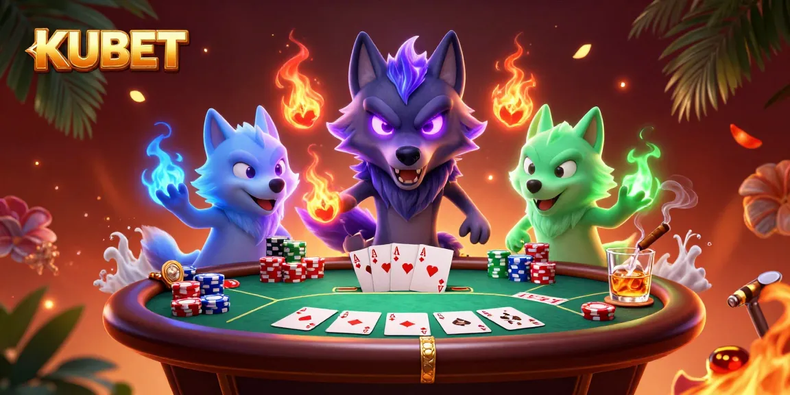 KUBET poker scene featuring a spectral wolf leader and ghostly companions with colorful poker elements