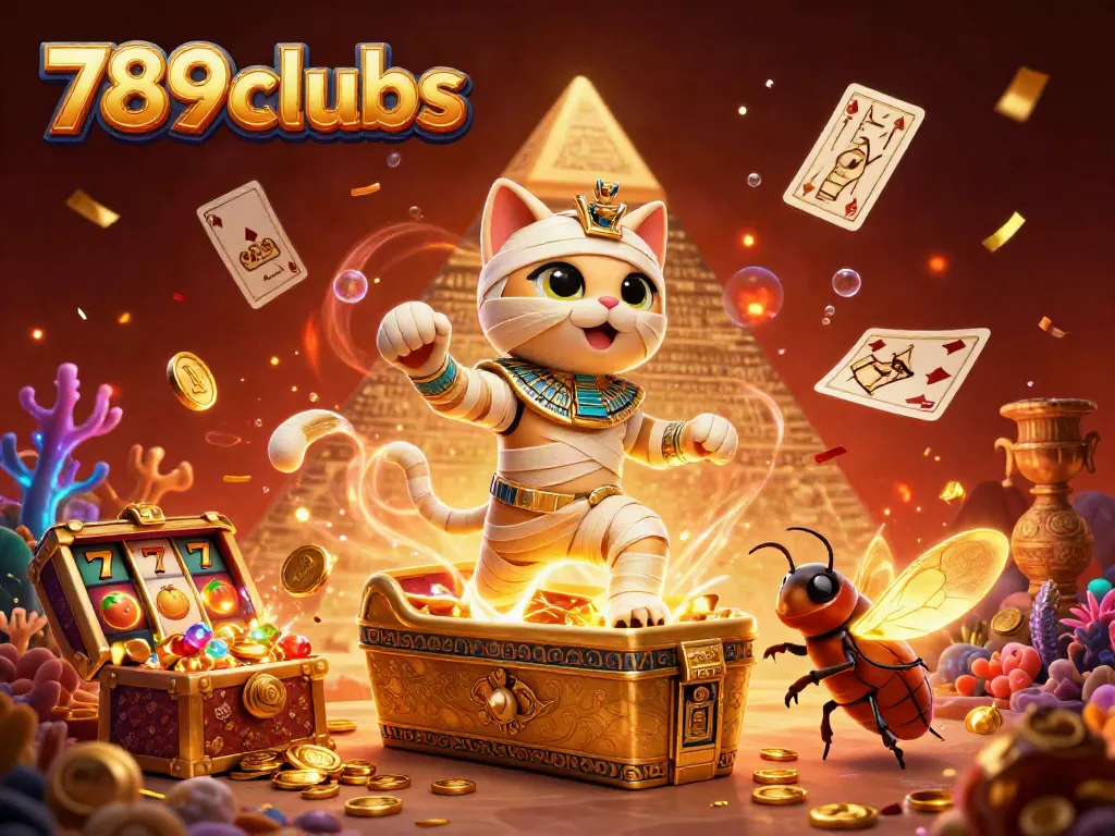 Experience the lively atmosphere of 789clubs with Egyptian-themed characters and vibrant casino game symbols.