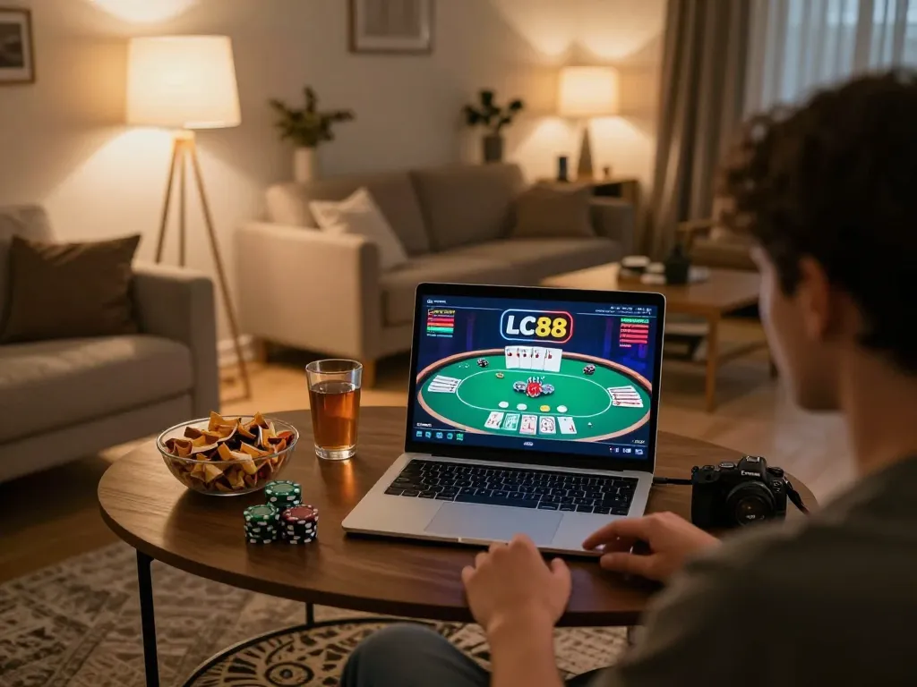 Player enjoying online gambling on LC88 platform, vibrant poker game displayed on laptop screen.