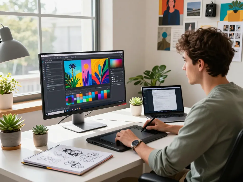 Digital artist utilizing nano banana flash for AI image editing in a modern workspace.