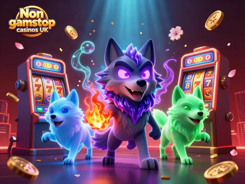 Engaging visual of Non gamstop casinos UK showcasing animated wolves among dynamic casino elements.
