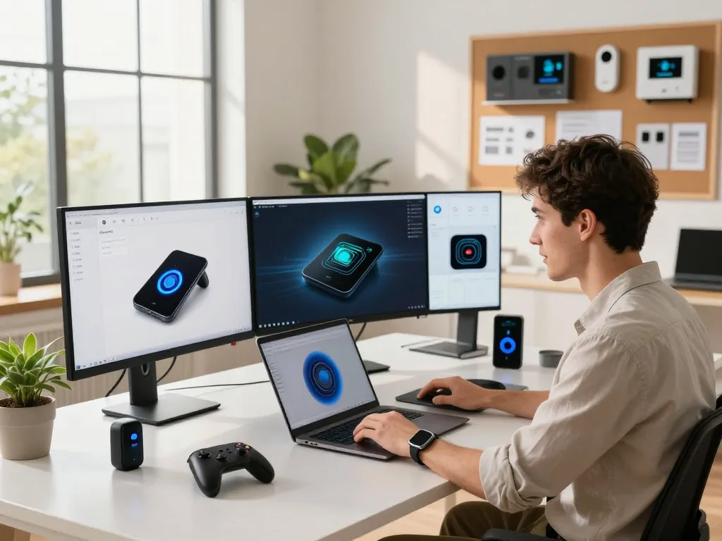 Innovative workspace with latest tech gadgets 2099 showcased on monitors and desk, highlighting modern tech exploration.
