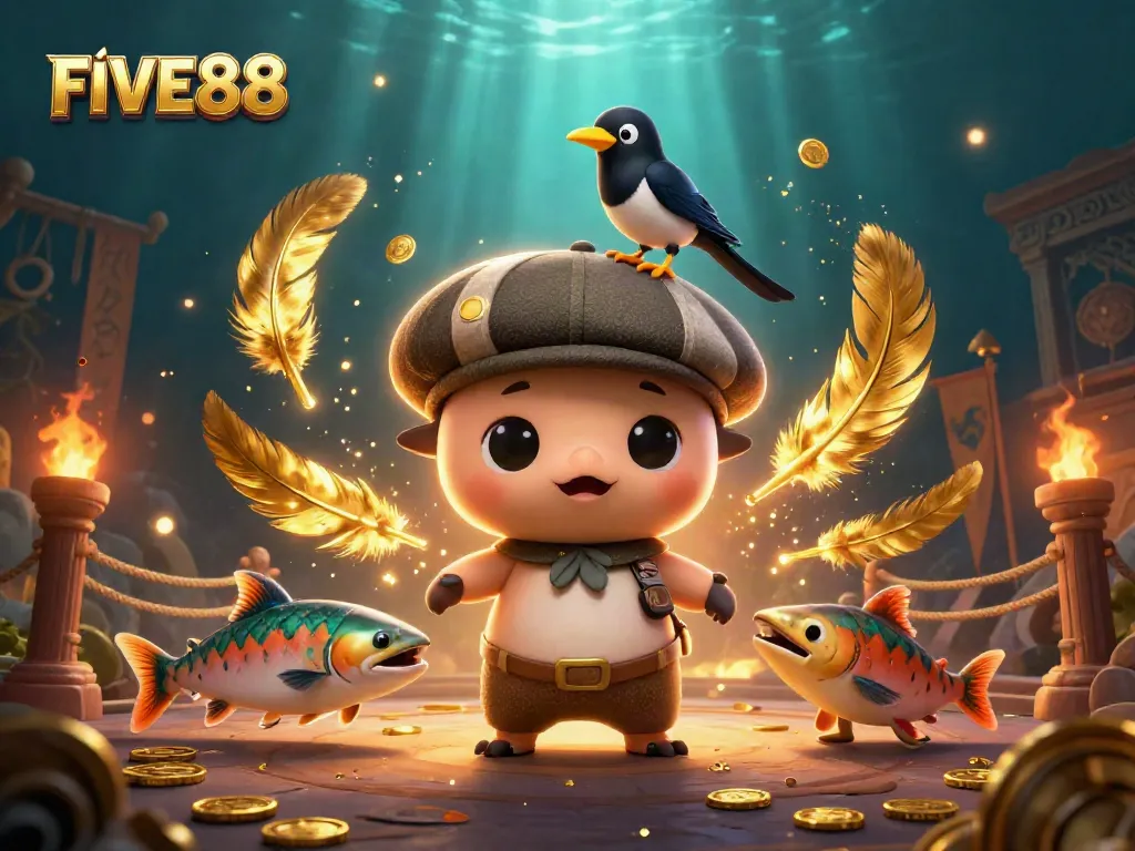 Catch exciting wins at FIVE88 with playful Nessie and a magpie amidst a vibrant casino scene.