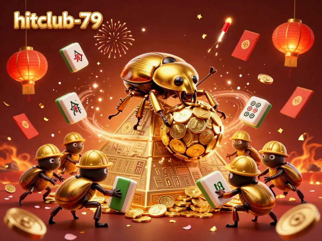 Engage with the vibrancy of hitclub-79 as a golden dung beetle rolls coins in a circus of colorful casino symbols.
